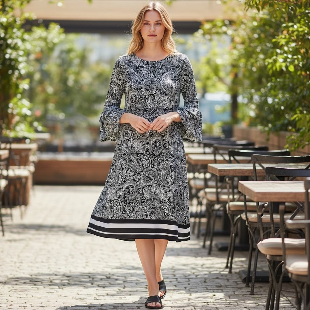 Michael Kors Women's S Small Black White‎ Paisley Dress Sheath Ruffle Sleeve